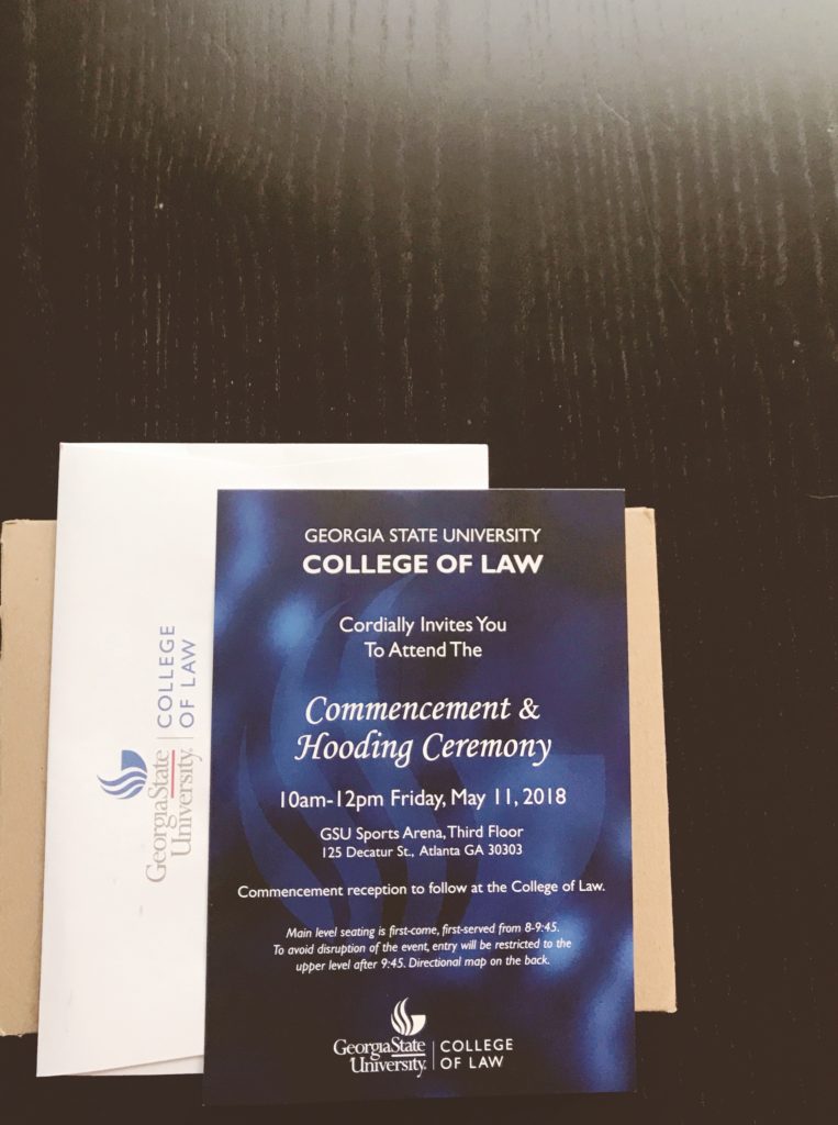 Georgia State University School of Law graduation invitation